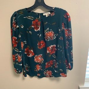 Green Top with Red Flowers &Puffed Sleeves- Size M